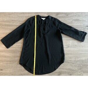 Decree Blouse Women Sz S Black Blouse Top Career Roll Tab Semi Sheer V Neck Work